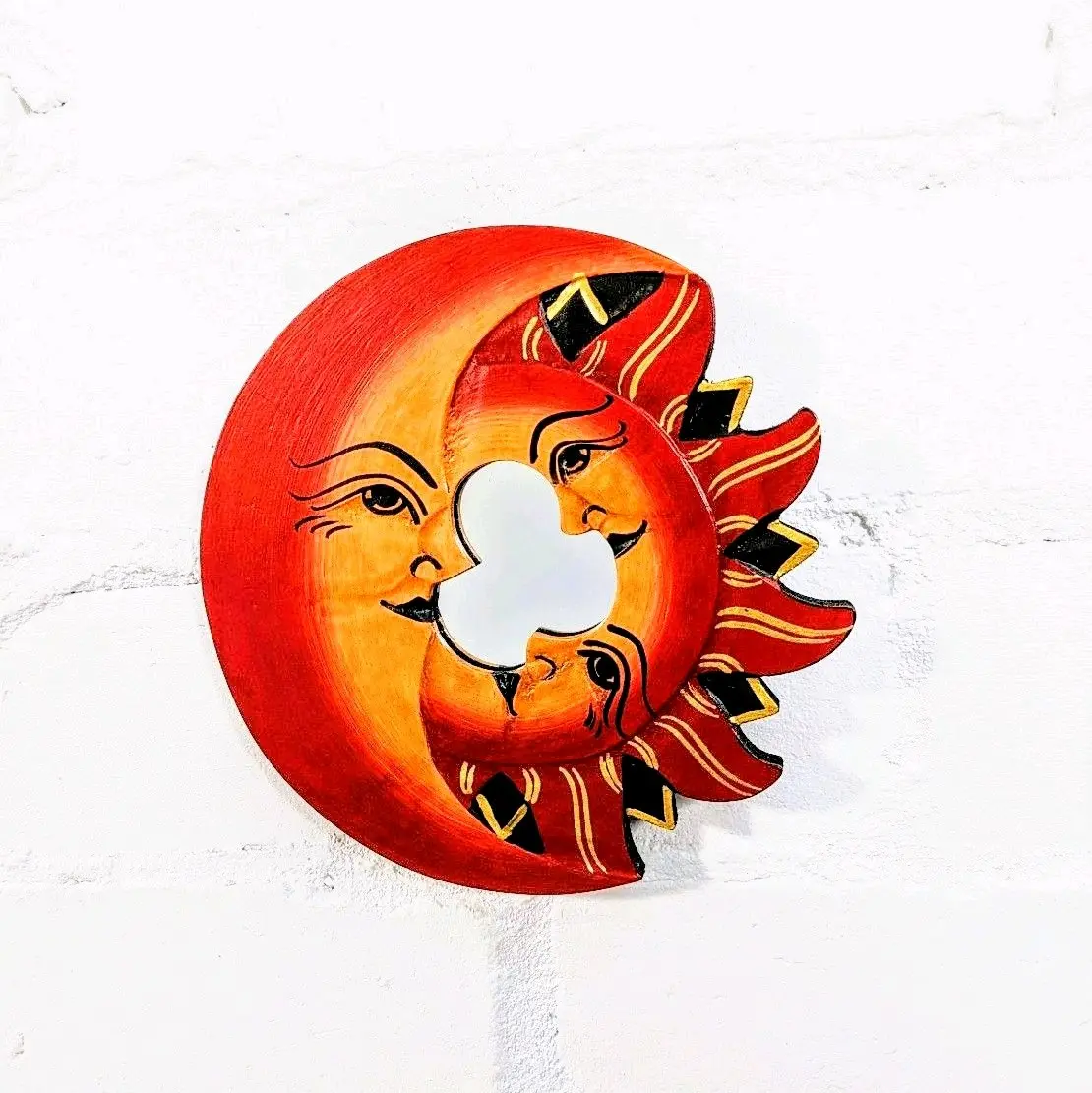 Red and Orange Moon and Sun Wooden Mirror Decor - 15cm