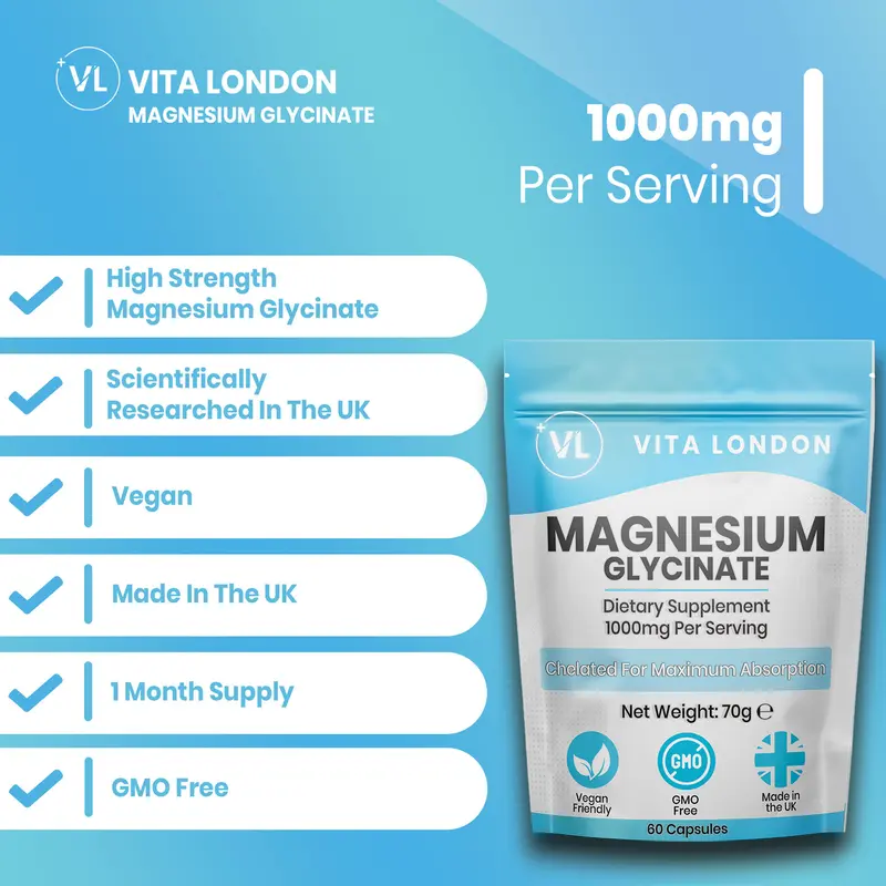 Magnesium Glycinate - 1000mg - 3 Months Supply - 180 Capsules - High Strength - Chelated - Capsules (Not Tablets, Gummies Or Powder) - Vegan Gluten Free GMO Free - Vita London - Biglycinate Essentials Wellness Supplements Vitamins Men Women Spring Winter 3