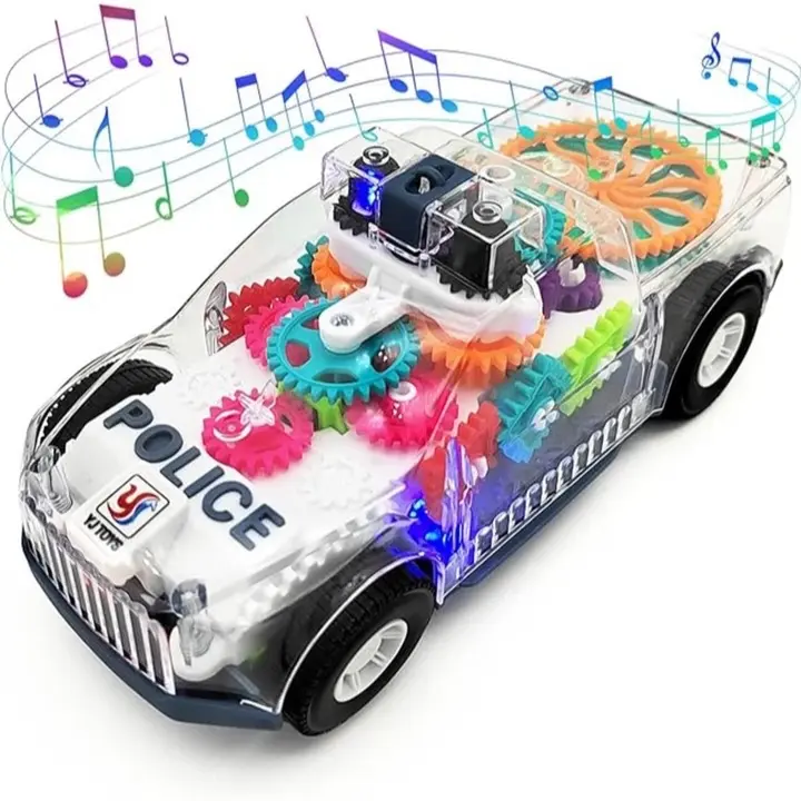 1 Piece Police Car Transparent Gear Racing Car Kids Toy Bump & Go Car with Light and Music Sensory Toys Gift Set