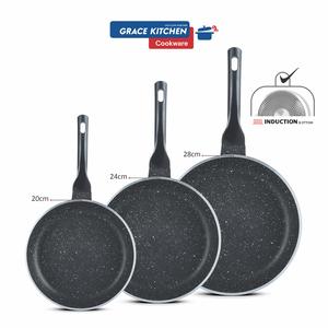 GRACE 3PC Granite Marble Fry Pan Set | Non-Stick | Soft Grip Long Handle | Marble Coating | Pressed Induction Base | Cool-Touch Handles/Scratch Resistant/Suitable for Induction, Nonstick Frying Cookware teflon  pan