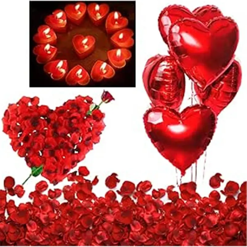 Romantic Decorations, Candles and Petals Set, 50 Love Heart Shaped Floating Tea lights Candles + 1000 Silk Red Rose Petals + 5 Red Heart Shaped Foil Balloons for Wedding, St Valentine and Engagement Ornaments [48 hrs delivery]