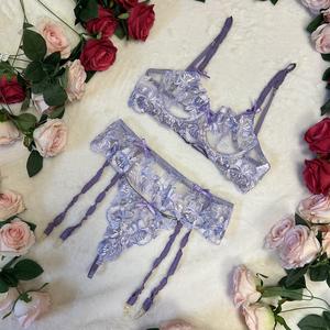 LILIOSA LINGERIE Tahiti Lilac Flower Embroidery Mesh Sheer Lace Fabric 3 Piece Lingerie Set - Seamless Bra, Elastic Garter Belt with Satin Straps Matching Thong - Elegant and Feminine Essential Womenswear, Adjustable Spaghetti Straps, Comfort Bridal