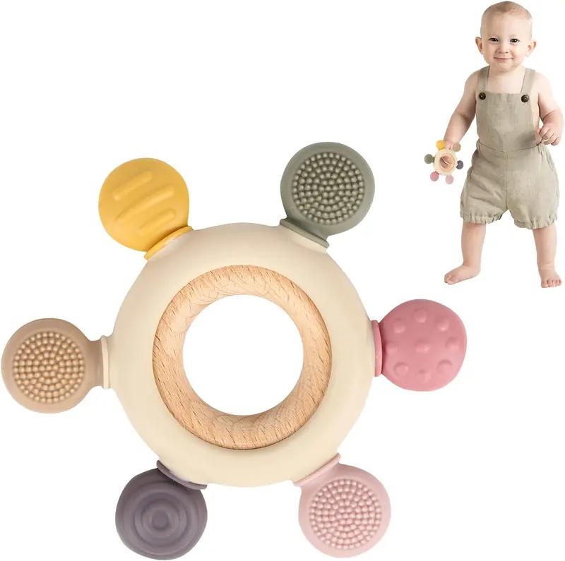 Baby Teether Silicone Teething Toys for Baby 3+ Months with Wooden Ring BPA Free Boys Girls Baby 0