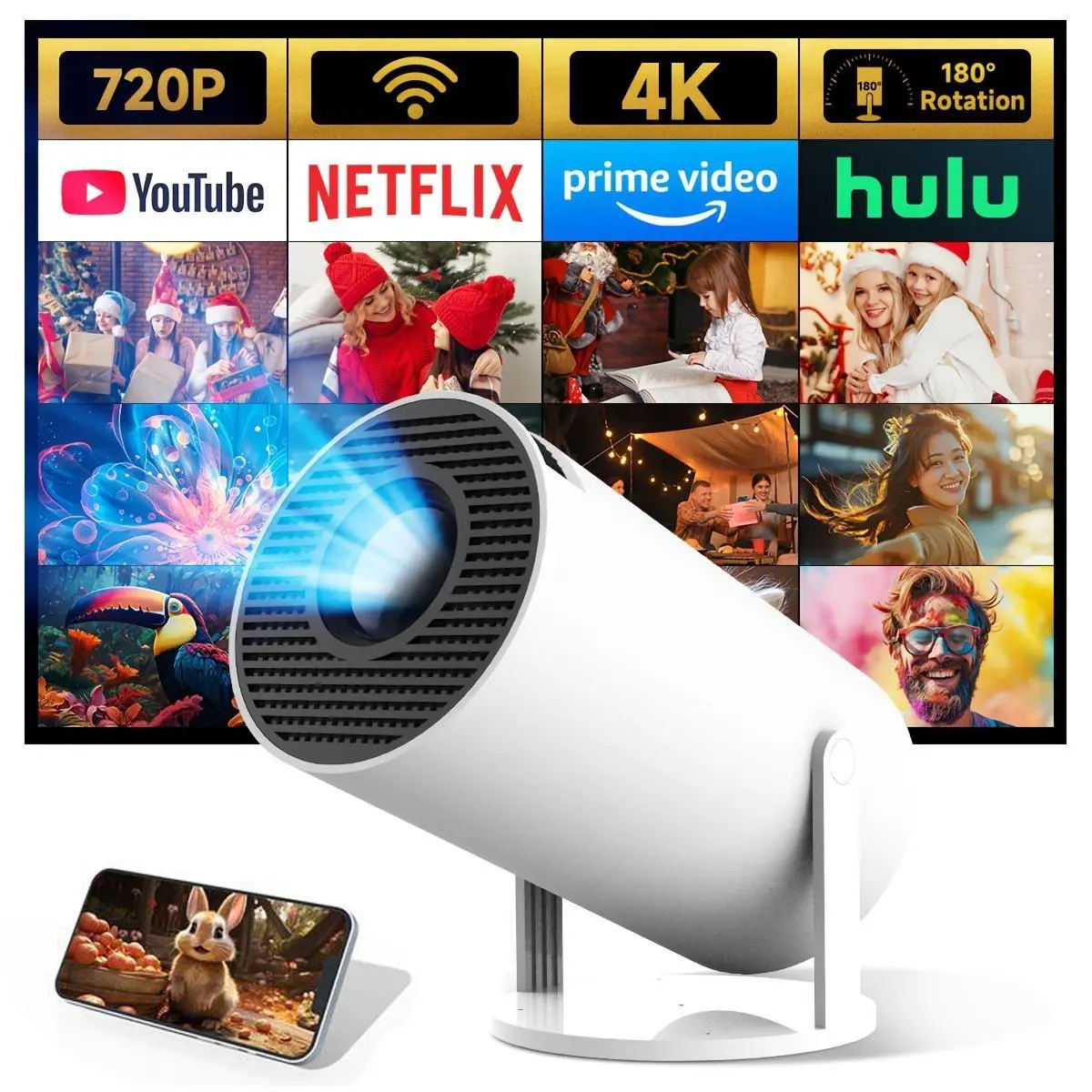 4K Ultra HD Projector | Android 11 | Allwinner H713 Chip | Wireless 5.0 | 1280x720P Support | 180° Adjustable Viewing Angle | Low Noise | Portable Design | Includes Remote Control | Home Theater Experience | EU Plug | LCD Screen with Audio Output