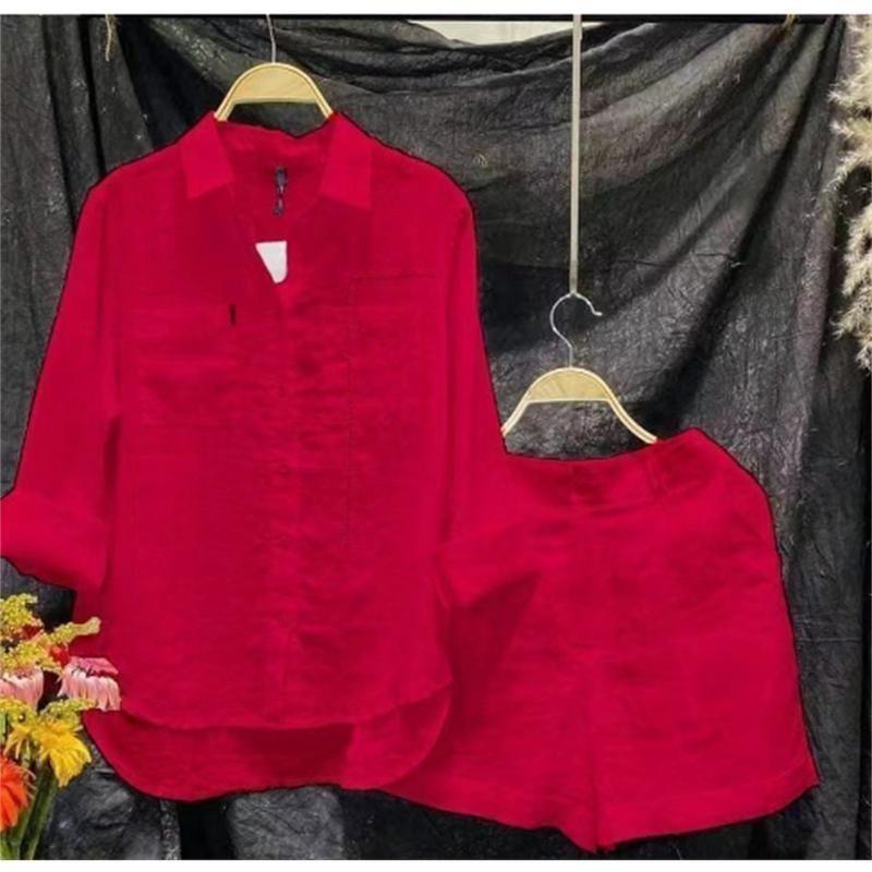 Women's Solid Color Shirt Shorts Set Spring Summer Loose Long Sleeved Stand Collar Casual Fashion Office Home Two Piece Sport 7