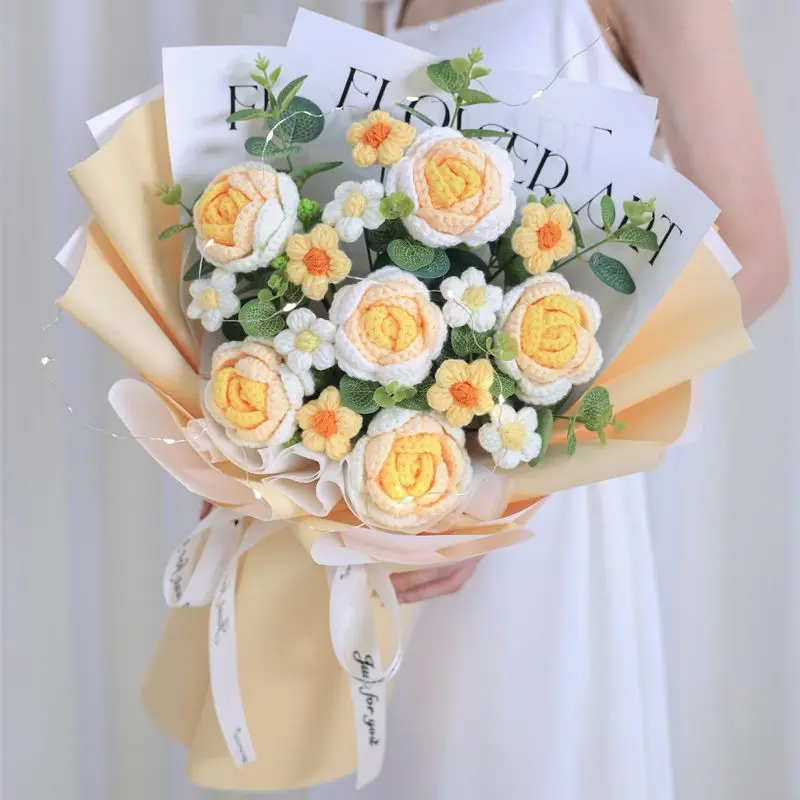Handcrafted Crochet Flower Bouquet with Inspirational Message Card - Six knitted flowers, Ideal for Weddings & Home Decor - Decorative Plants