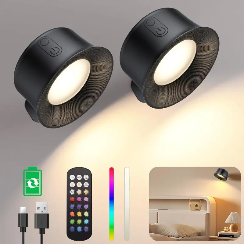 2Pack LED Rechargeable Wall Lights,Adhesive Magnetic Wireless Wall Lamps,2000mAh Battery,15 RGB Colors,Touch Remote Control,Dimmable,360° Rotation,for Bedroom,Living Room,RV,Stair