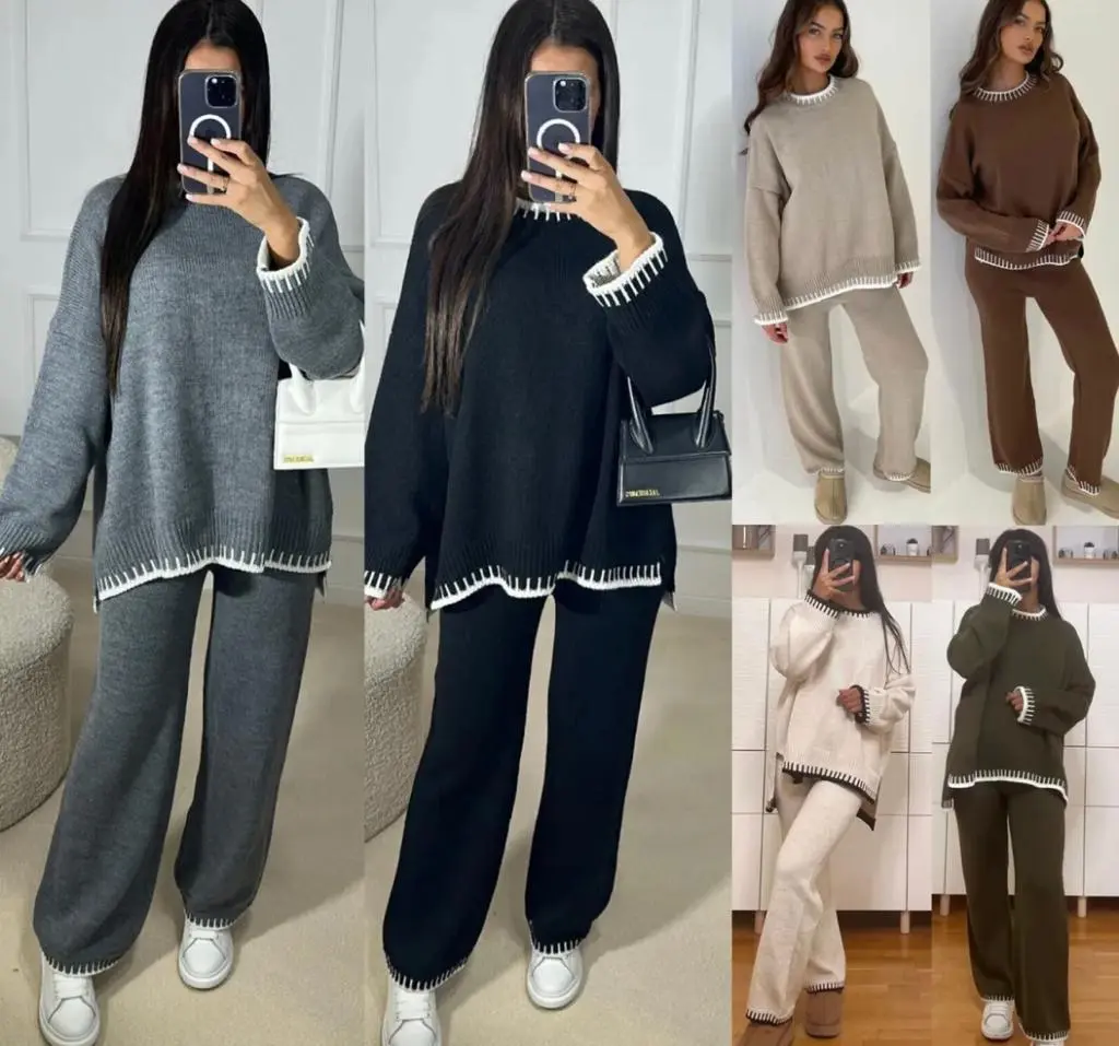 STY Women's Knitted Casual Lounge Wear Ladies Wide Leg Palazzo Top Trousers Tracksuit Set  Womenswear Clothing Comfortable Long Sleeves Winter Loungewear Coord 8-16 Modestwear viral cosy