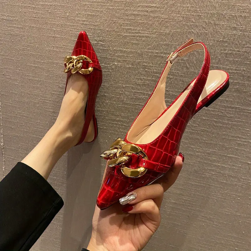 Women's Trendy Chain Decor Flat Shoes, Stylish Point Toe Buckle Strap Shoes, Fashion Slingback Shoes 3