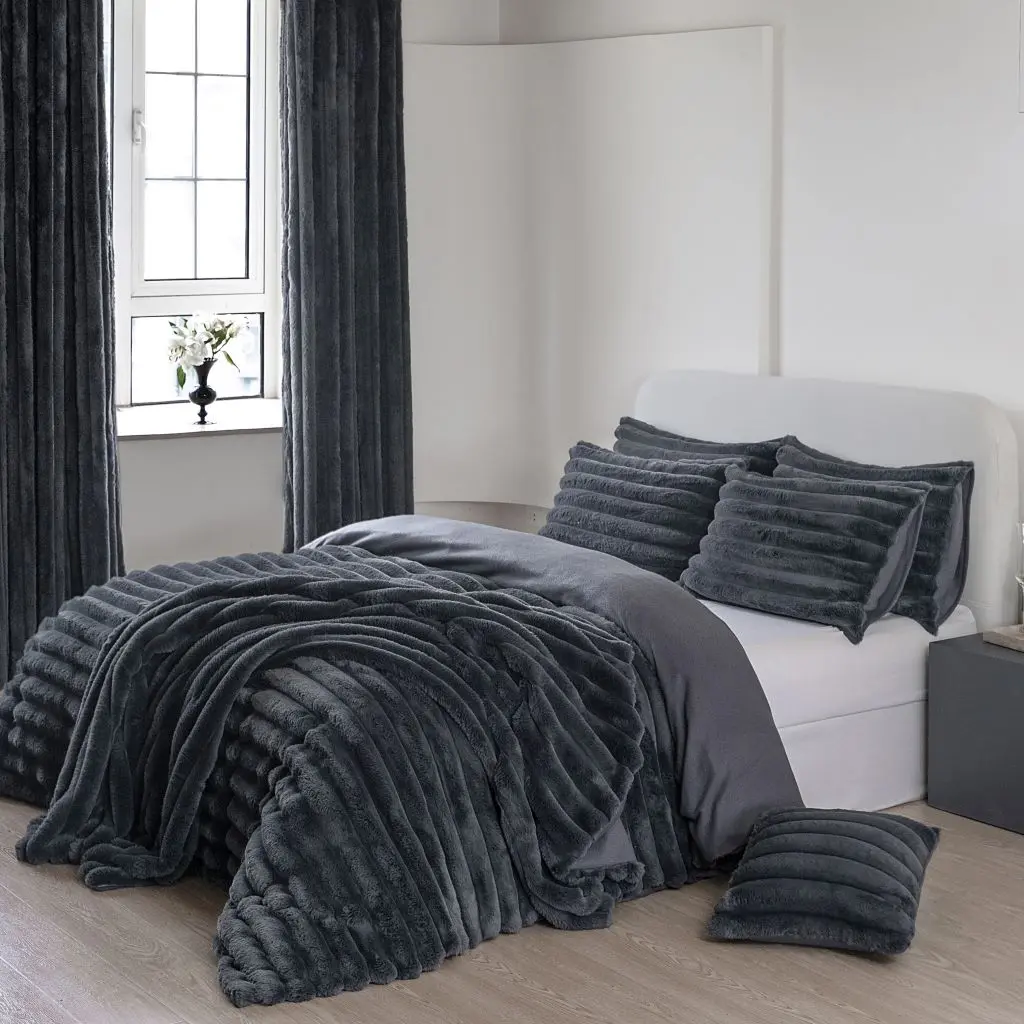 Teddy Fleece Duvet Cover Set With Pillow Cases, Cushion Cover Pack of 4, With Sofa Throw, With Curtains, With V-case Thermal Warm & Cosy Super Soft Fluffy Bear Fur Bedding Complete Set
