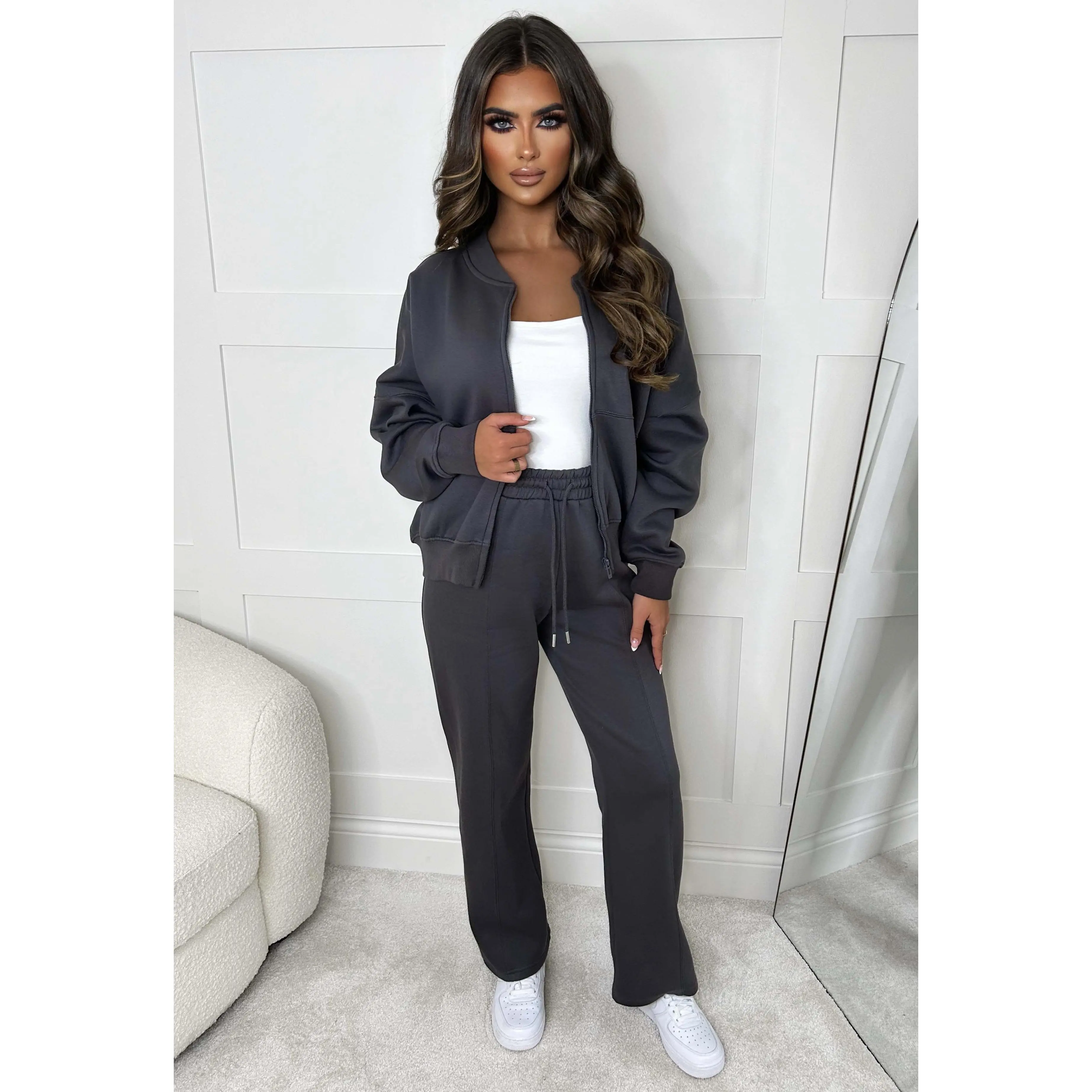 Love On Replay Charcoal Bomber Jacket And Straight Leg Jogger Loungewear Set