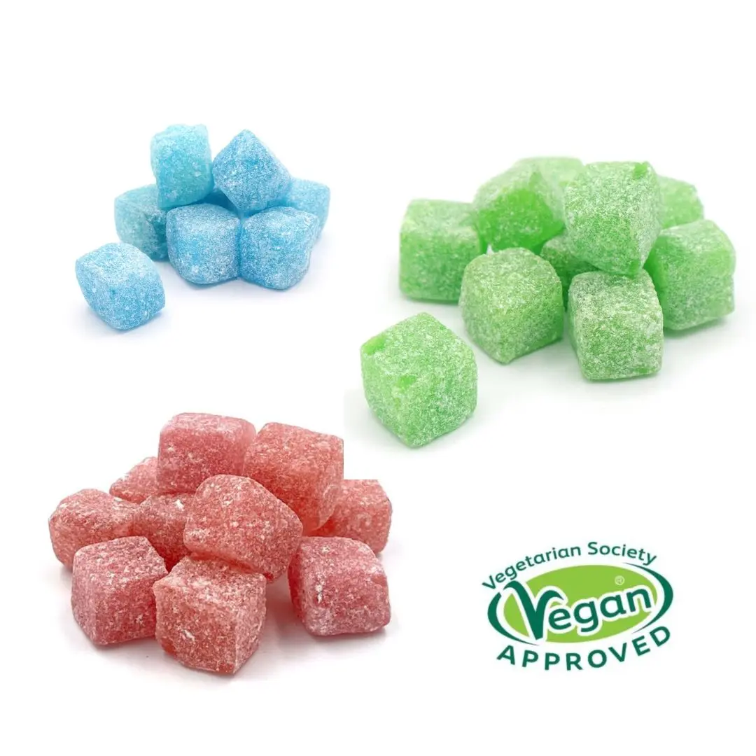 Hard boiled sweet with a chewy centre and a tangy, sour crystallised sugar coating Suitable for vegetarians, vegans and gluten free