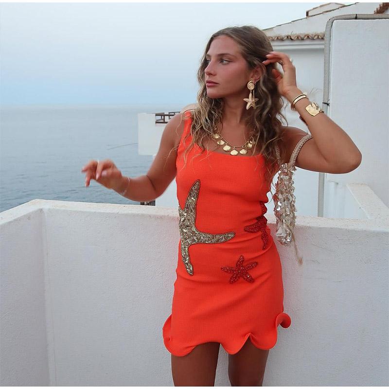 Product Introduction of 2025 Stunning Shiny Stars Ruffles Hem Knitted Mini Dress Women's Chic Slim Fit Sleeveless Sling Vestidos Lady Street Gowns New 8