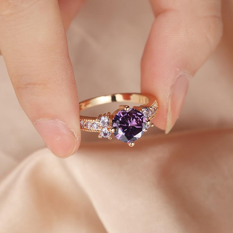 Product Introduction of Boho Purple Pink zirconia Ring Round Cut 18k Gold Plated Wedding Engagement Evening Party Ring 0