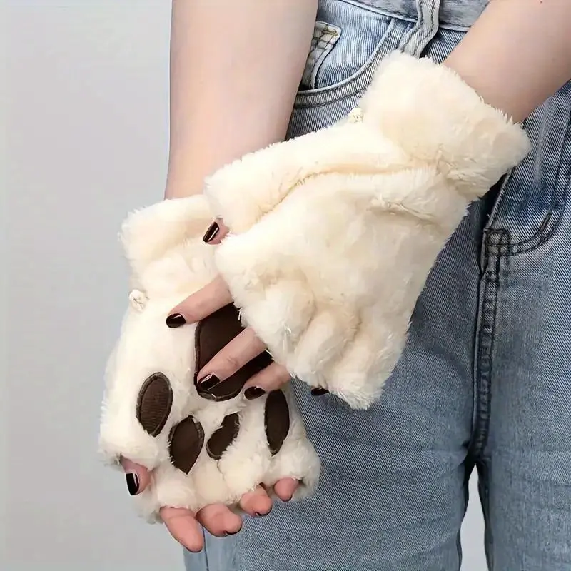 Cozy Plush Half Finger Gloves with Cat Claw Design, Soft and Warm Winter Gloves for Women 2