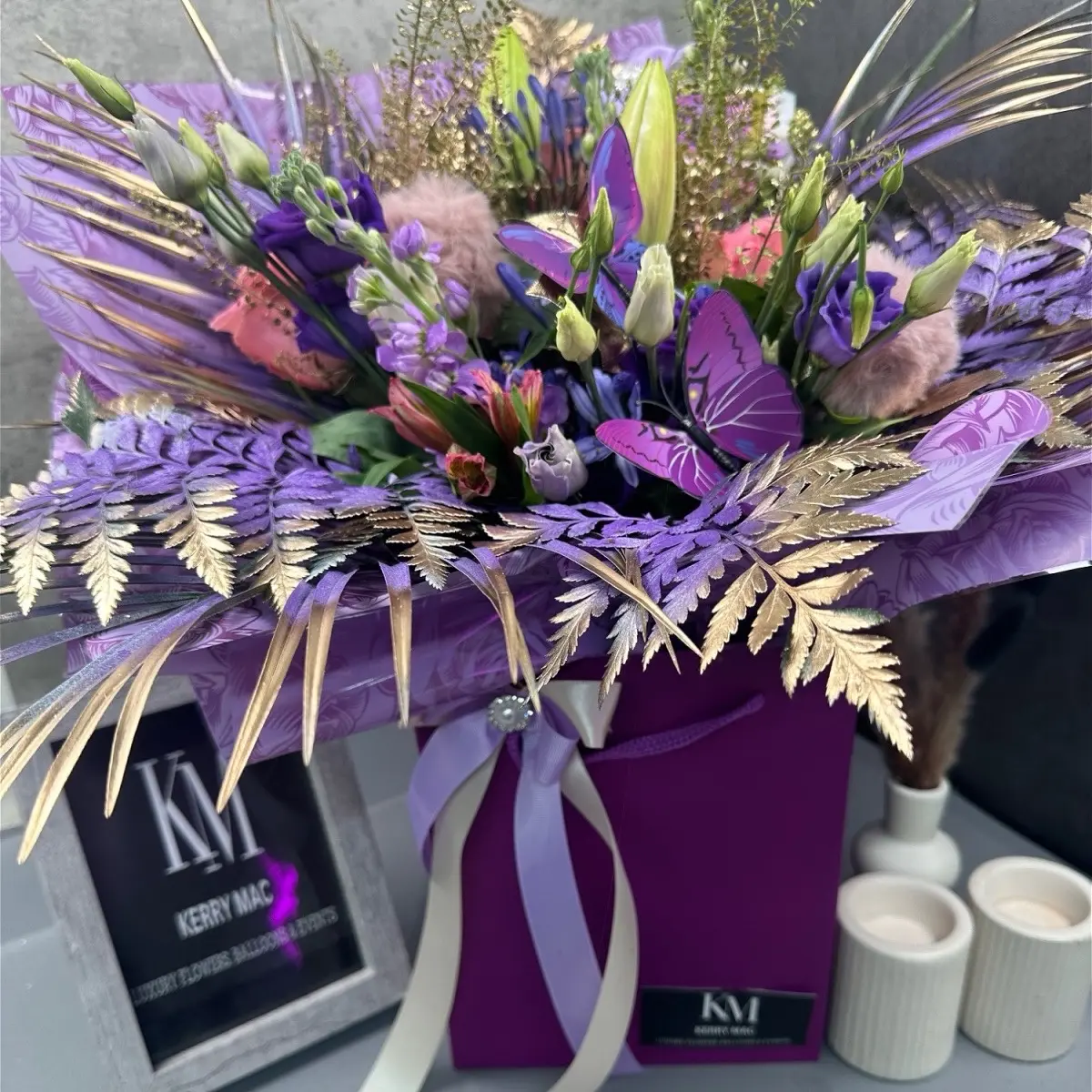 Enchanted Lavender Purple and Gold Butterfly Bouquet with Lilies, Stocks, and Pink Roses - Decor, Decorative