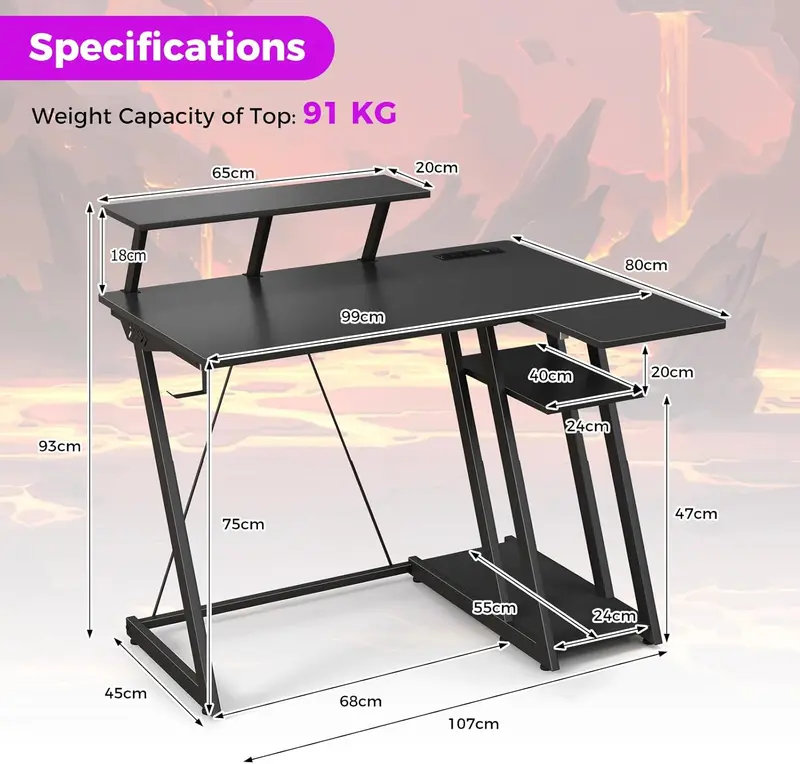 COSTWAY L-Shaped Gaming Desk, 100cm Study Table Writing Workstation with Monitor Shelf, Headphone Hook, Storage Shelf, Outlets & USB Ports, Home Office Computer Desk PC Laptop Table 2