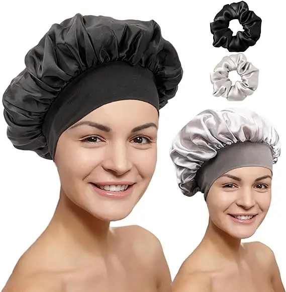 Silk Bonnet - Pack of 4 Hair Bonnet With Soft Elastic Band - Satin Head Cover with 2 Pieces of Scrunchies for Bathing  Sleeping, or Housework - Long, or Curly Hairs (Silver, Black) Shower