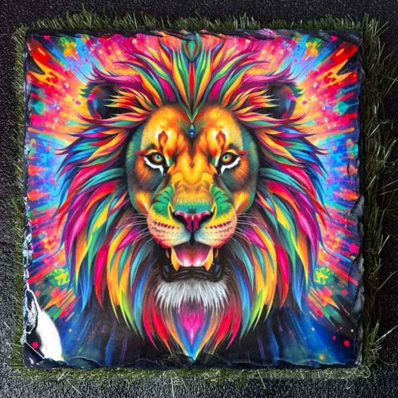 Colourful lion head photo slate - rock slate - lion plaque decor print