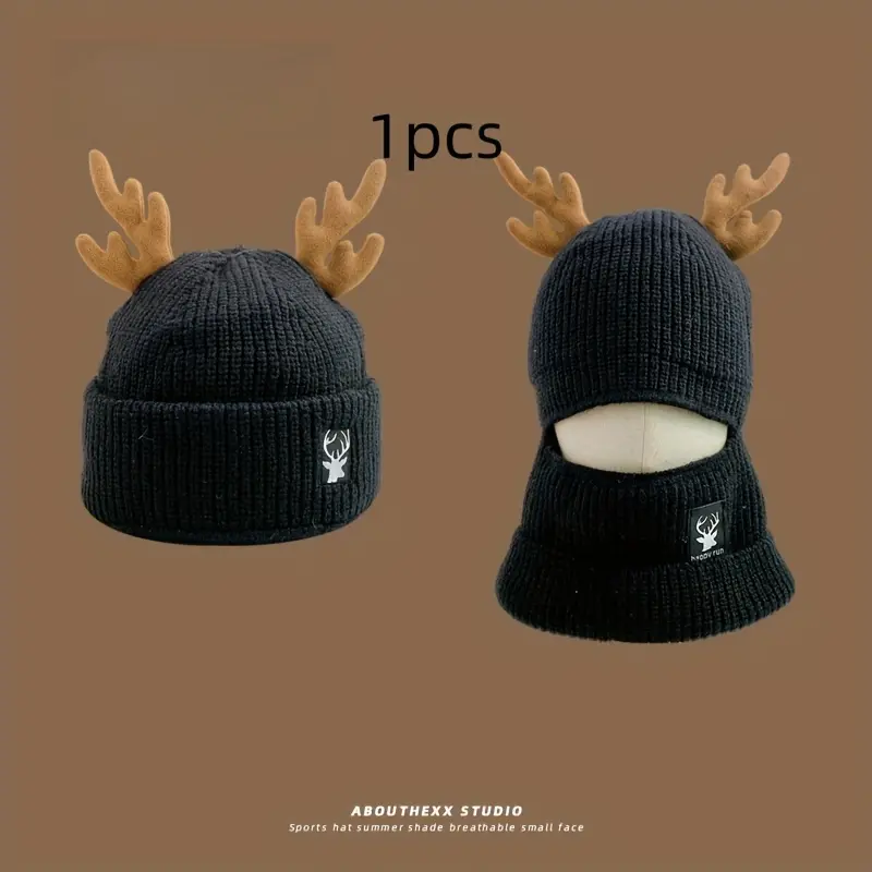Red Reindeer Antler Beanie with Integrated Scarf, Acrylic Knit Winter Hat, Thick Warm Ear Warmer, Elastic, with Hand Wash Only, for Fall/Winter Season 4