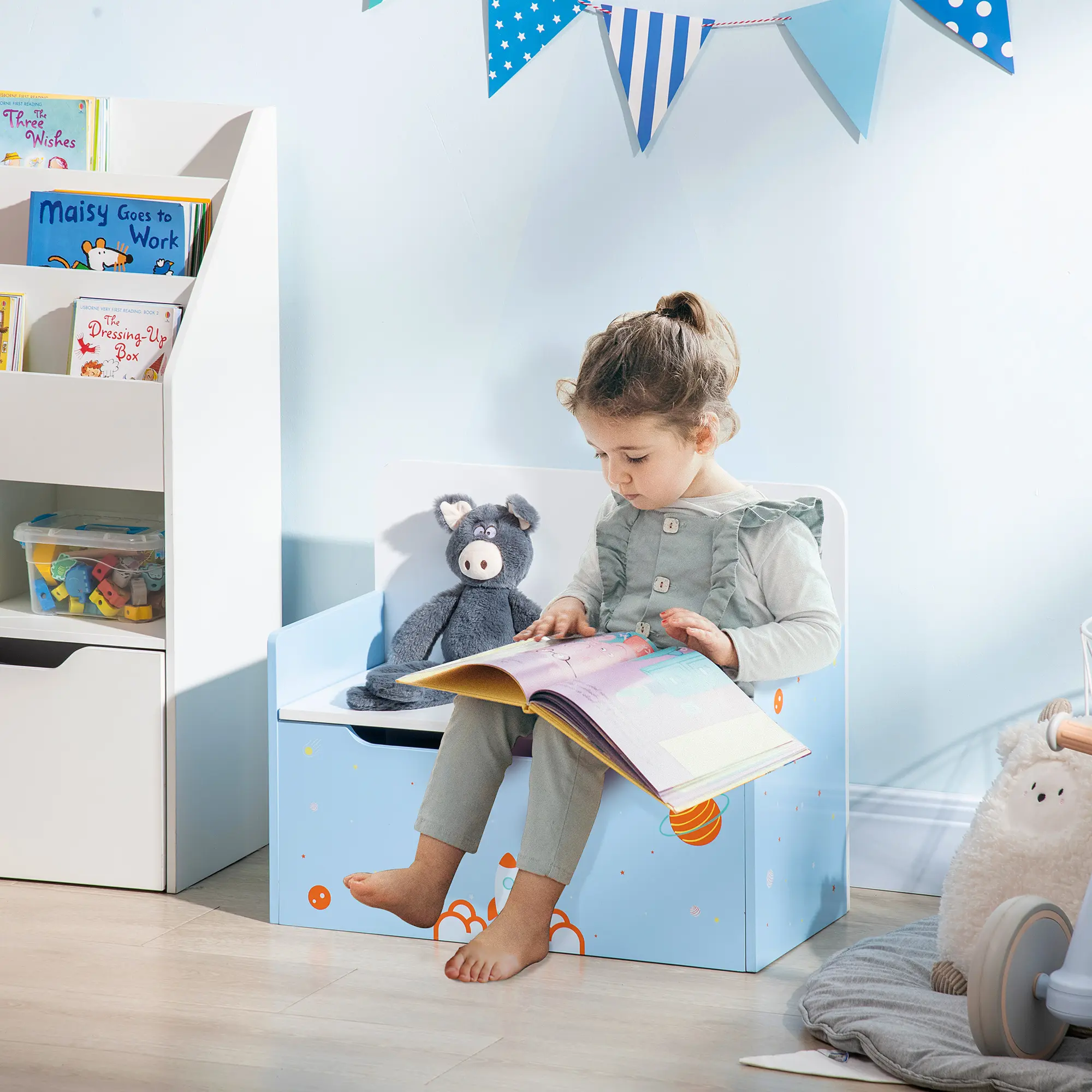 2 in 1 Wooden Toy Box, Kids Storage Bench, Toy Chest with Safety Rod