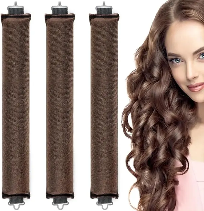 Heatless Curlers 3Pcs,Overnight Heatless Curls Blowout Rods Headband for All Hair Types, Soft Hair Roller Rods with Hook ,No Heat Curls to Sleep for Curl Rods ,Women Long Hair Styling Tools (brown)