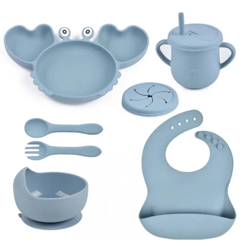 Crab Baby Toddler Weaning Set with Silicone Bib, Suction Bowl, Plate, Spoon, and Cup 7