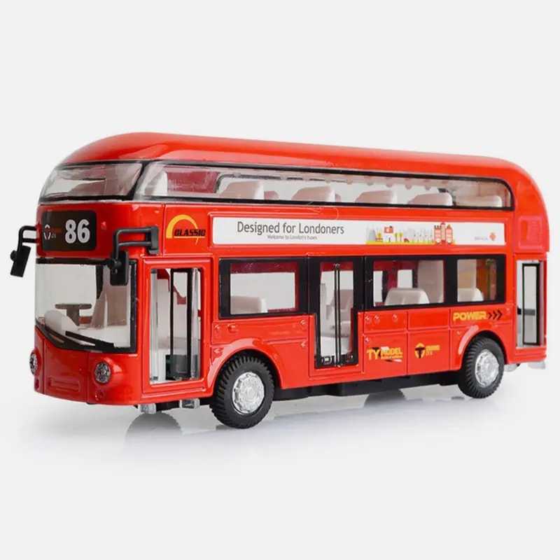 London Double-Decker Tour City Bus Sound Light Pull Back Bus Kids Toy Metal Red 0