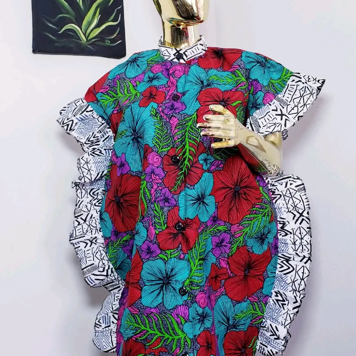 African prints Ready to wear clothes ladies Womensdresses summers office wears ankara Cotton Womenswear Casual Lady Button Ruffles Comfort Casual Wear