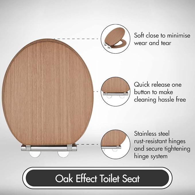 Oak Tongue and Groove Toilet Seat - Luxury Soft Close MDF Moulded Wood, Quick Release Button, Universal Fittings 1