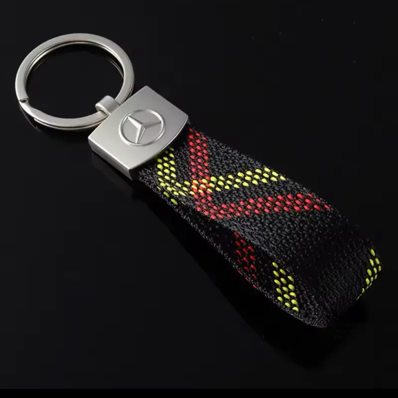 Mercedes Benz Car Logo Keychain with Oxford Woven Strap and Metal Keyring