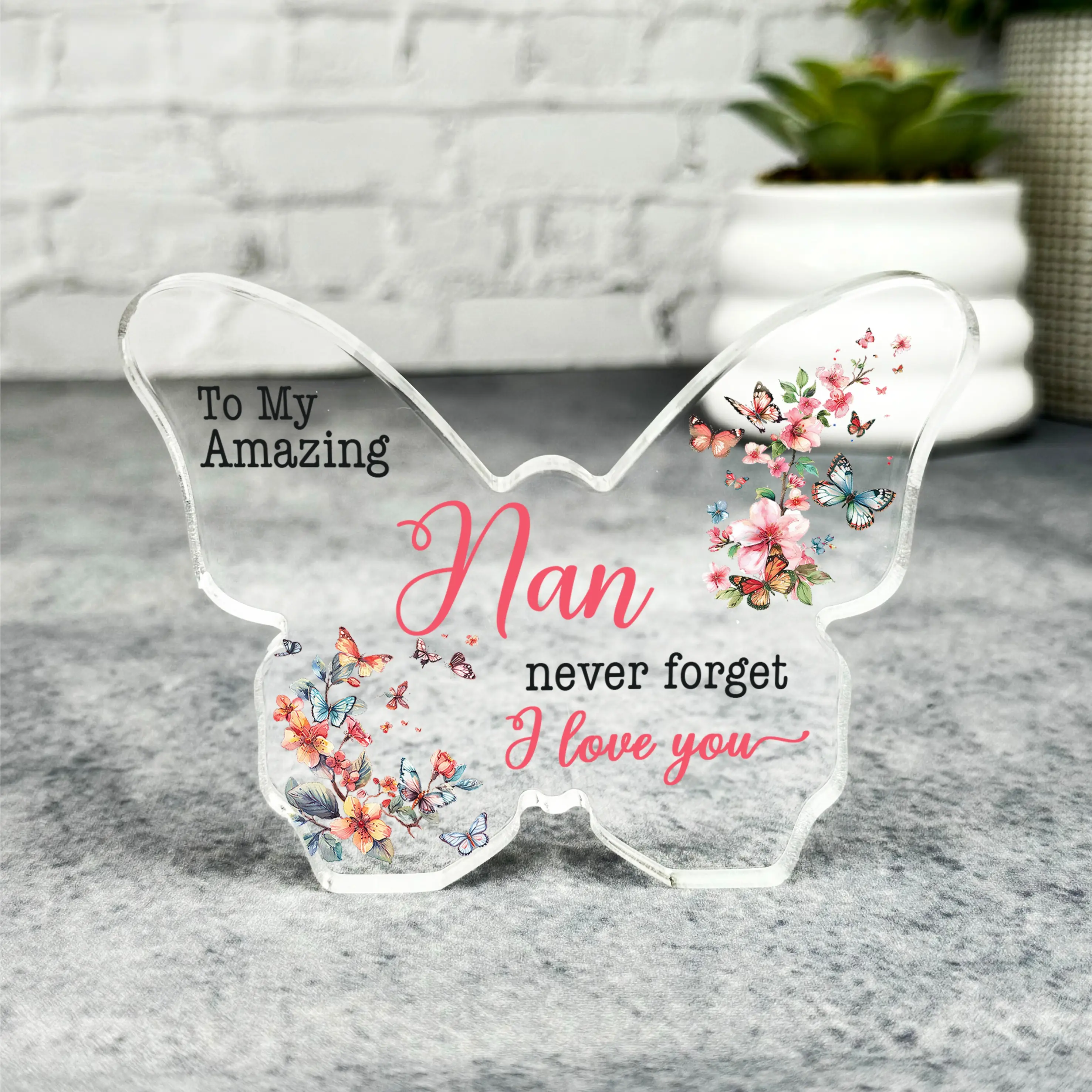 Custom Ornament Gift For Nan Butterflies Floral Butterfly Plaque Keepsake Gift - Gift, Custom Present, Trinket, Ornament, Acrylic Plaque