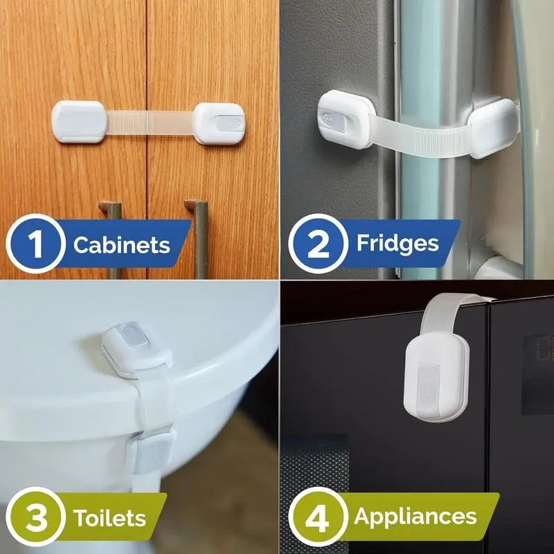 Child Safety Strap Locks (4-Pack) Baby Locks for Cabinets and Drawers, Toilet, Fridge&amp; More.3M Adhesive Pads.Easy Installation.(White/Gray) 5