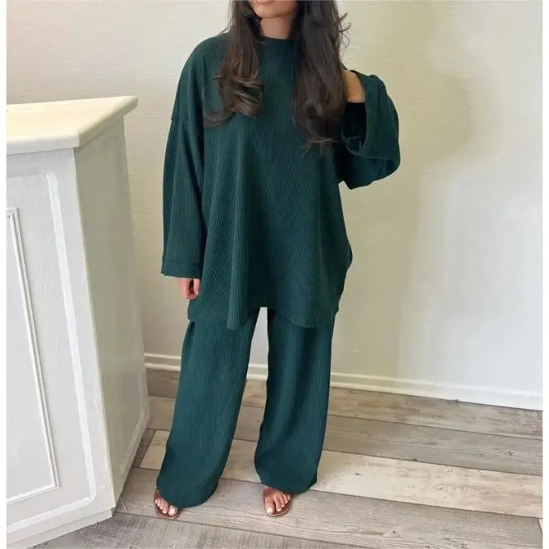 Autumn Winter Solid Color Corduroy Pants Sets Women Loose Long Sleeve Wide Legs Trousers Two Piece Set Female Commuting Clothing Womenswear Overalls Suits Underwear