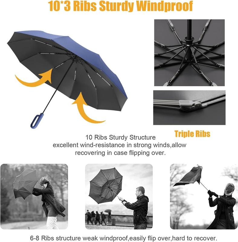 Travel Folding Golf Umbrella 10 Ribs Automatic Open/Close,Lightweight Compact Portable Backpack Car Parasol Outdoor,Sun/Rain,Anti 99 UV Protection UPF 50,Men Women Carabiner Handle Design 8