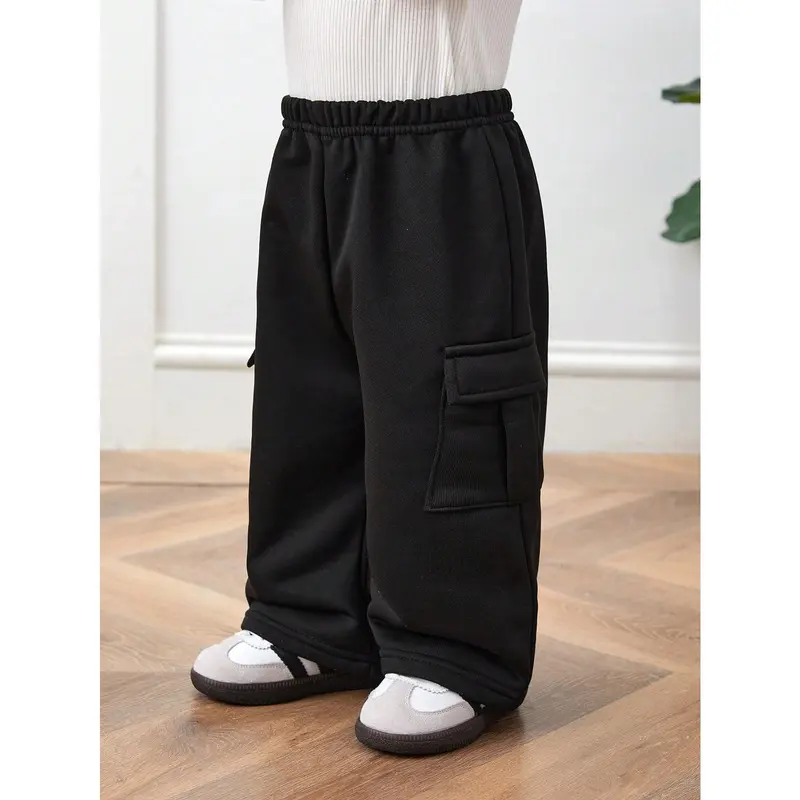 Casual Korean Style Patch Pocket Loose Straight Knit Sweatpants, For Baby Boy/Baby Girl 2
