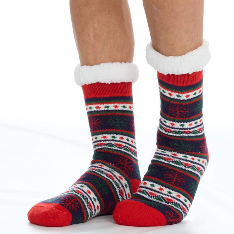 1 Pair Mens Christmas Chunky Warm Slipper Socks Lounge Socks Thermal Non Slip Festive Fair Isle Navy Red Pattern Sherpa Fleece Lined Non Slip  Bed Socks Winter Socks for Him UK 6-11 Navy Thick Warm Mid Calf Christmas Socks Menswear Underwear Thick 1