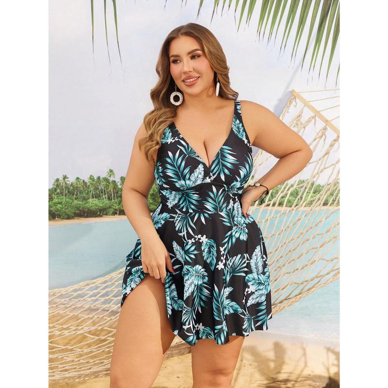 Swim Lushoire Plus Size Women Tropical Plant Print Tankini Swimsuit Set With Shorts Summer 3