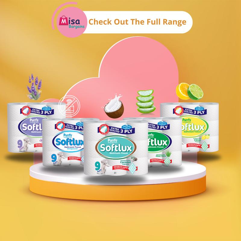 90 Toilet Rolls 45 Softlux Purffs Coconut + 45 Softly Purffs Aloe Vera 3ply Bathroom Luxury Quilted Toilet Rolls  (10*9pk) Flushable Disposable Family Toilet Pack Scented Kitchen Sheets Tissue Wipes 5