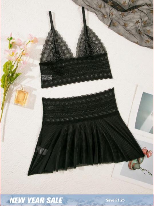 Valentine's Romance: Wireless & Mesh 2-Piece – Feel Sexy & Confident in Luxury Women's Wear Comfort Womenswear Basic Minimalist romantic premium spicy outfit lace lingerie set super Black 8