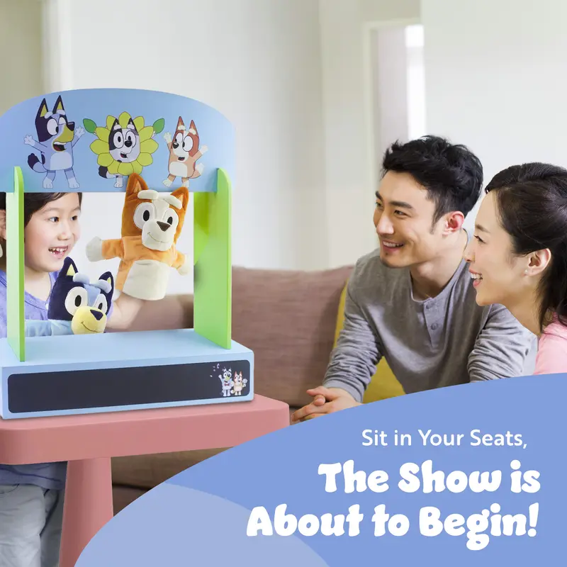 Bluey Wooden Puppet Theater Playset - FSC-Certified Wood, Includes 2 Hand Puppets, Chalk & Curtain, Eco-Friendly Toy for Kids 3+, Compact & Easy to Store, Inspires Imagination & Storytelling 2