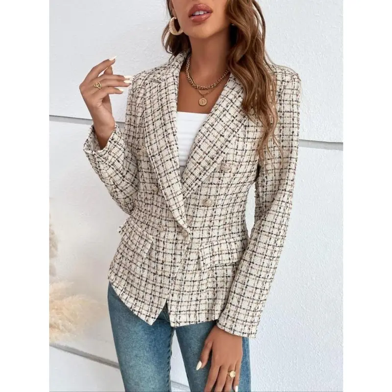 Women's Plaid Print Double Button Lapel Blazer, Casual Long Sleeve Outerwear for Fall & Winter, Ladies Clothes for Work Office Business 3