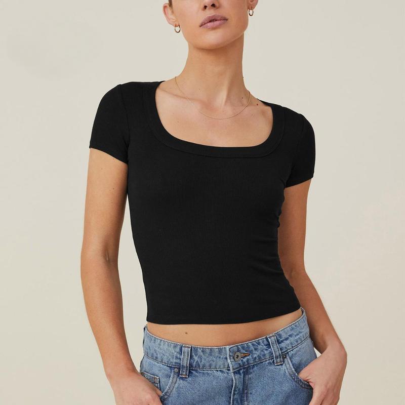 KatchMe Women's Versatile Solid Color Square Neck Slim Ribbed Crop Top,Basic Minimalist Womenswear,Casual Plain Tshirt for Spring & Summer 4
