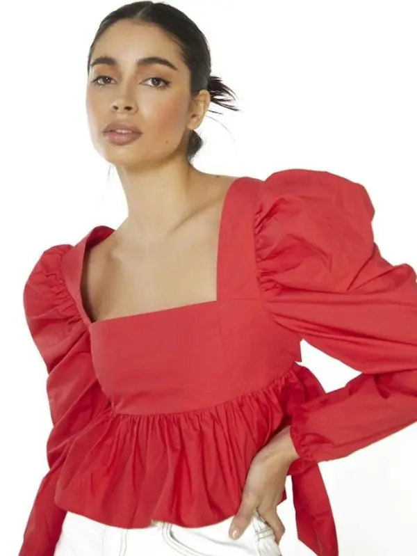 Red Puff Long Sleeve Open Back Top