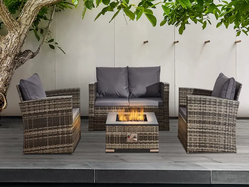 Outdoor 4 Piece Rattan Sofa Set with Firepit 3
