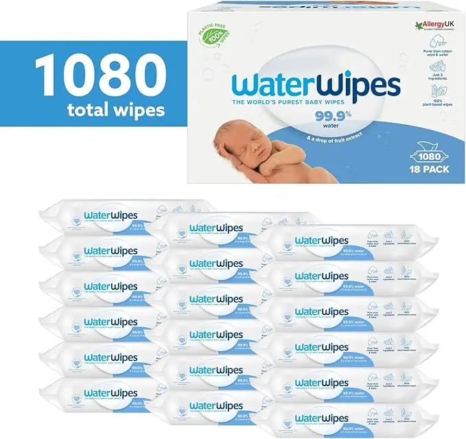 Plastic-Free Original Baby Wipes, 1080 Count (18 packs), 99.9% Water Based Wipes, Unscented for Sensitive Skin