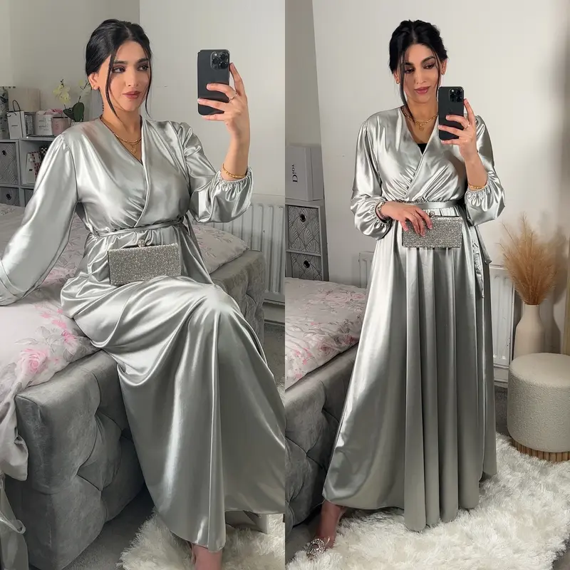 Women's Elegant Satin Dress with Shimmer Effect- Belted, V Neck Maxi, Elasticated Waist and Cuffs - UK Size 8-14 7
