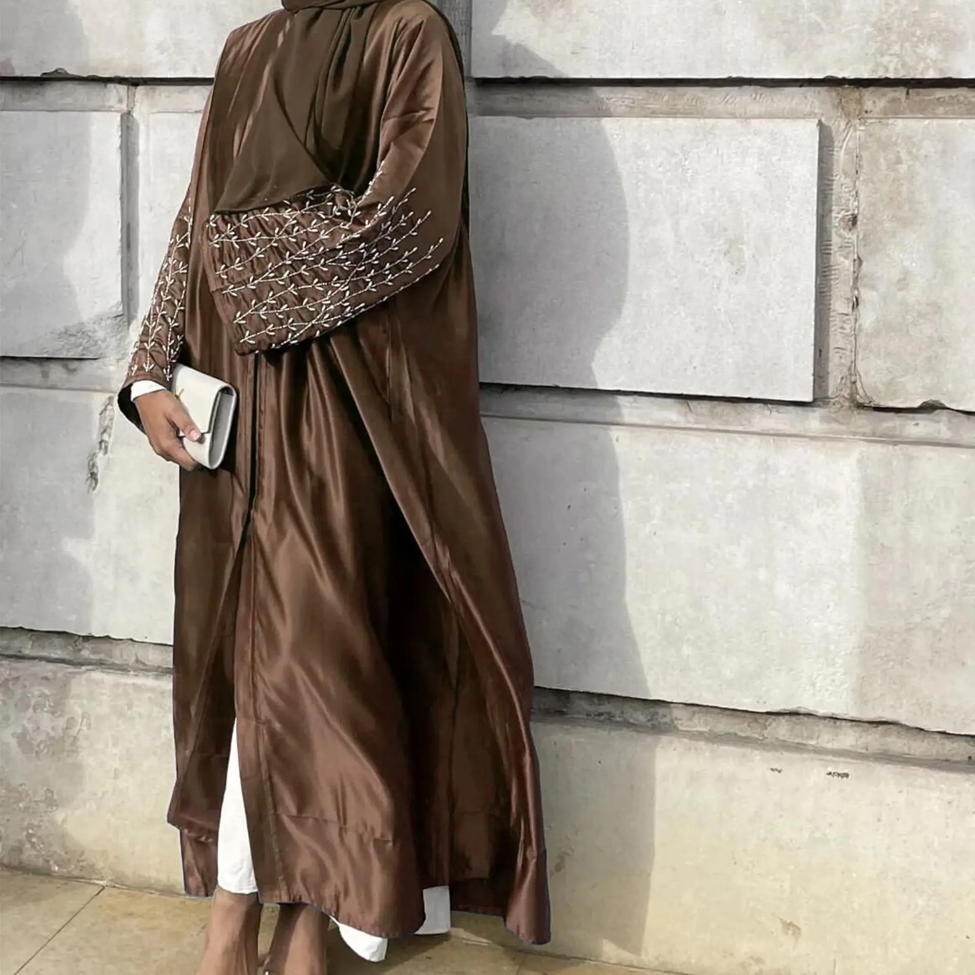 HS1024 1pcs Satin Cardigan Handmade Beaded Dress Abaya