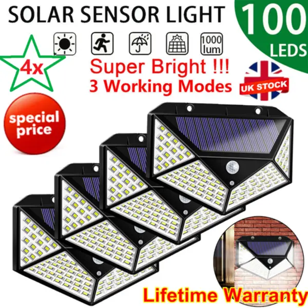 4X Solar Power PIR Motion Sensor Wall Lights 100LED Outdoor Garden Security Lamp