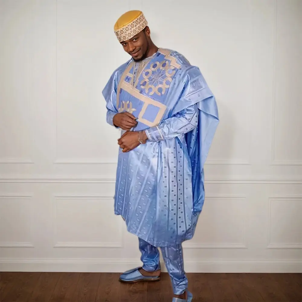African Agbada (Blue) - nigerian traditional Cotton Menswear - Mens Kaftan - African Wedding Suit - Long Sleeve Suit - African Clothing